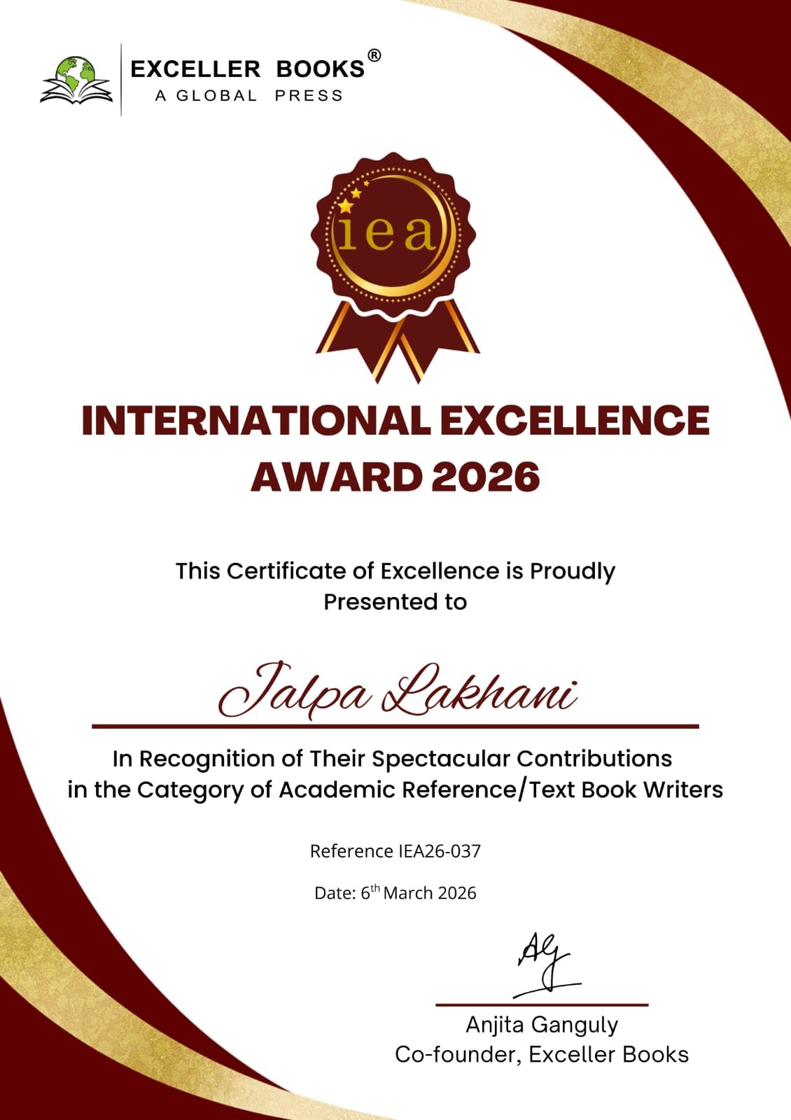 International Excellence Award 2026 Certificate
